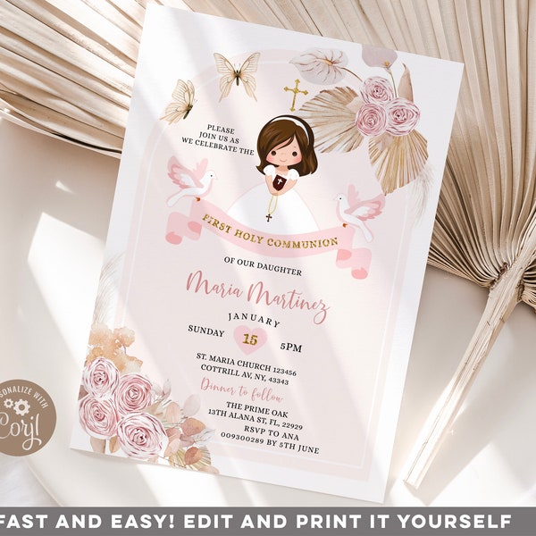 EDITABLE Girl Boho Pink Floral 1st Holy Communion Invitation, Primera Comunion Little Girl Praying First Christening Holy Communion, S433