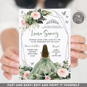 Editable sage green blush pink quinceañera invitation, silver and green butterfly floral mis quince, royal crown mis xv años invitation Q26