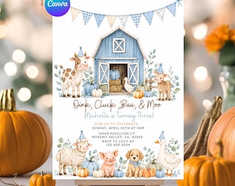 EDITABLE Blue Fall Autumn Oink, Cluck, Baa, and Moo farm animal birthday Gingham invitation, Cute Vintage Kids Barnyard Birthday invite Zl26