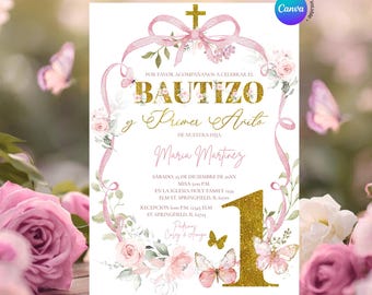 EDITIERBARE Spanierin Fiesta Bautizo und Grundierung anito Pink Blumeneinladung, Taufe Kreuz Geburtstag Cute Girl Bow Coquette, ZL26