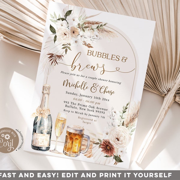 Editable boho ivory bubbles brews couple shower invitation, ivory white floral bubbly bridal, warm tone beige beer & wine bridal invite B14