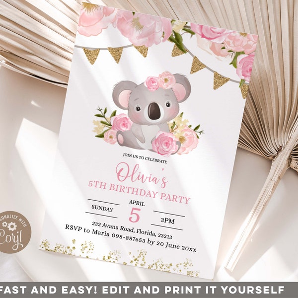 EDITABLE Pink Floral Cute Koala 5th Birthday invitation, Australian Animals Birthday Party invite, Girl Koala Floral Wreath invitation, z68