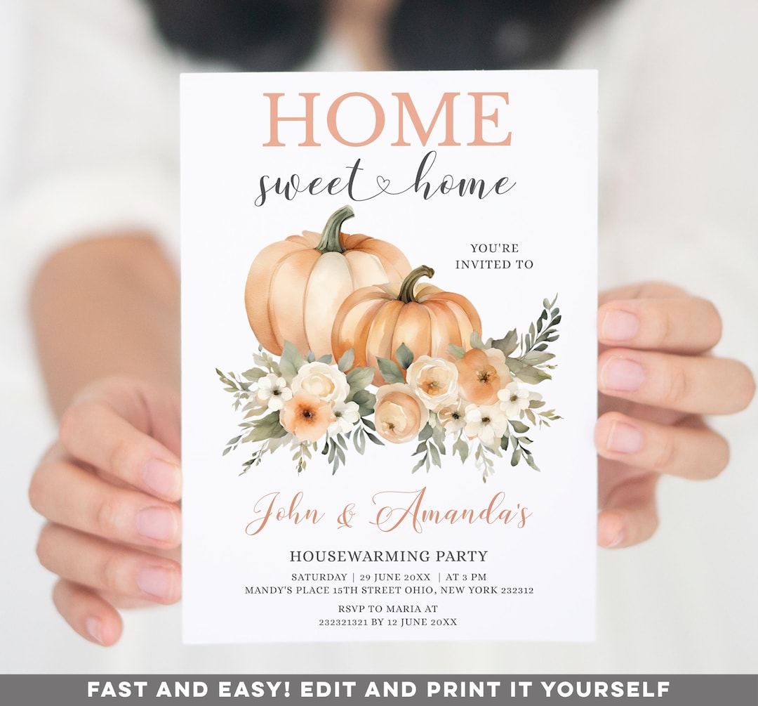 Editable Orange Pumpkin Housewarming Party Fall Flowers Invitation ...