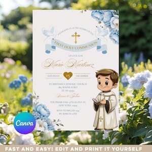 Invitación de Primera Comunión EDITABLE con niño sosteniendo la Biblia, invitación floral azul, bautizo dorado, S219