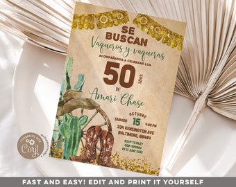 Editable Spanish Western Cowboy Birthday Invitation, Fiesta mexican boy birthday, Texas cactus & southwestern adult spanish invitation Z103
