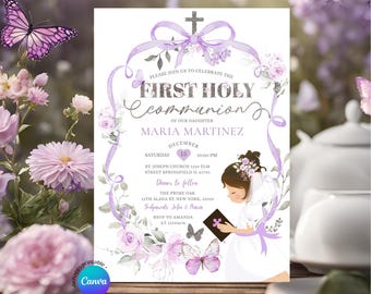 Editable Girl Praying Bow Coquette Purple Girl First Holy Communion Wildflowers Invitation, Primera Comunion Holy Communion Cross, ZL26