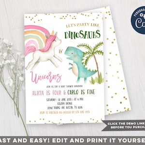 Editable Dinosaur & Unicorn Sibling Birthday Invitation, Boy and Girl Birthday Dual party invite, Joint Unisex Unicorn and Dinosaur, Z15