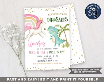 Editable Dinosaur & Unicorn Sibling Birthday Invitation, Boy and Girl Birthday Dual party invite, Joint Unisex Unicorn and Dinosaur, Z15