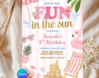 Editable Pink Stripe Fun in the sun beach girl Birthday party Invitation, Summer Beach Swim Tropical Invite, Any Age Birthday Party, Z101