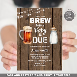 May include: A rustic wooden background with a light brown invitation for a "Brew Before Baby is Due" party. The invitation features a beer mug and a baby bottle with a white background. The invitation includes the name "Jason Smith", the date and time of the party, the location, and RSVP information.
