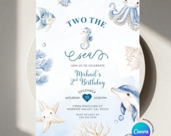 Editable Blue Two the Sea 2nd Birthday Party Invitation, Blue Under the Sea Seashell Theme, Coastal Beach Party Template for Boy invite Z100