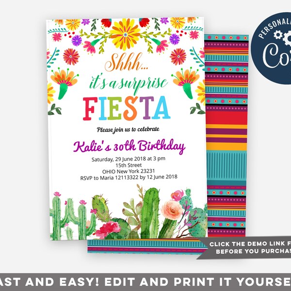 editable surprise mexican fiesta party invitation, Shhh it's a surprise fiesta, mexican birthday party invitation, fiesta surprise birthday