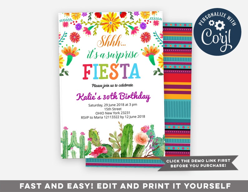 editable surprise mexican fiesta party invitation, Shhh it's a surprise fiesta, mexican birthday party invitation, fiesta surprise birthday image 1