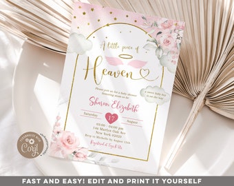 Editable Girl Pink Heaven Sent Baby Shower Invitation Cloud and Rainbow ...