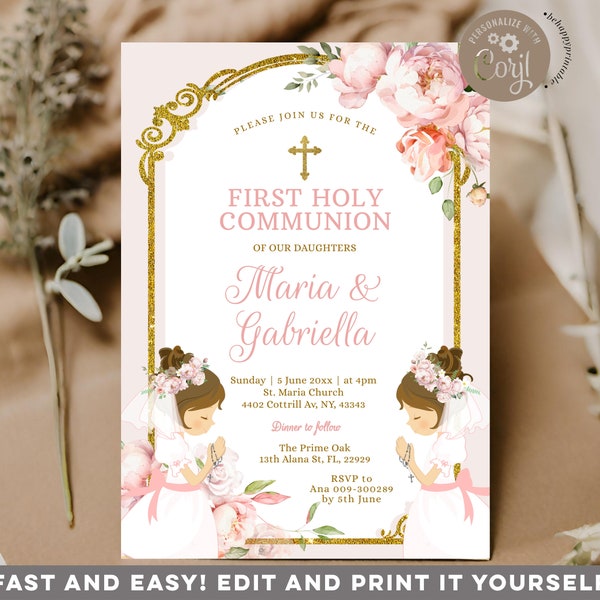 EDITABLE Twin Girl FIRST Holy Communion Pink Floral Invitation, Primera Comunion Little Twin Girl Praying Christening Holy Communion, S482