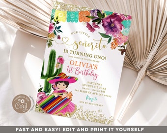 Colorful mexican senorita first birthday invitation, our little senorita is turning uno invitation, colorful floral and gold birthday Z153