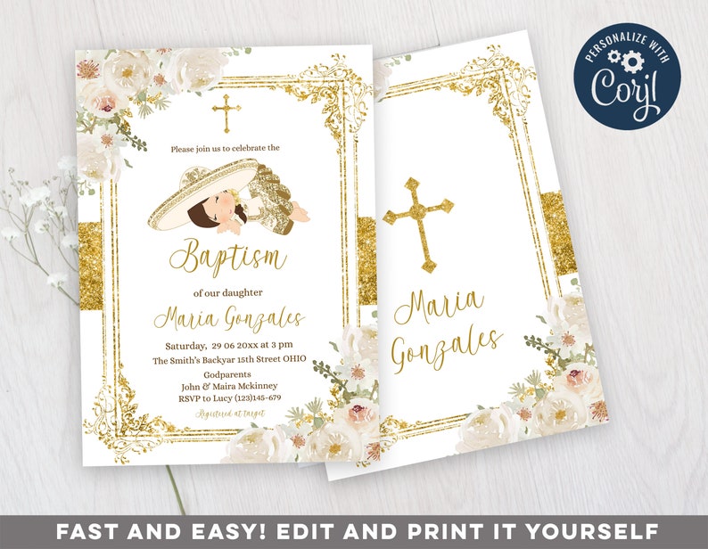 Editable Girl Baptism Invitation Charro Spanish Girl Bautizo Etsy