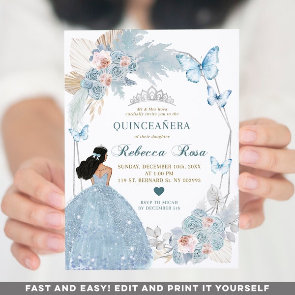 Editable Boho blue Mis Quince 15 años Blush Pink Floral invitation, dusty blue dress princesa Crown quinceañera, butterfly girl sweet 16 Q13