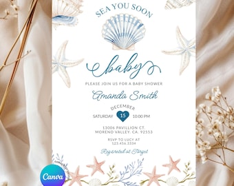 Editable Blue Summer Ocean Sea you Soon Baby Shower Invitation, Nautical Baby Is On The Way Baby Shower Invite, Under de Sea Animals Z100