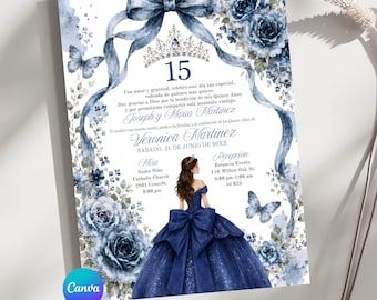 May include: A navy blue quinceañera invitation with floral and butterfly accents. The design features a bow, a tiara, and the number 15. The invitation includes event details and the text "Veronica Martinez".