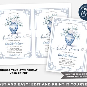 Puede incluir: Una invitaci&oacute;n de ducha nupcial azul y blanca con un borde decorativo. La invitaci&oacute;n presenta una ilustraci&oacute;n de acuarela de un jarr&oacute;n de porcelana azul y blanco con flores blancas. El texto de la invitaci&oacute;n dice "bridal shower" e incluye el nombre de la novia, la fecha, la hora y la ubicaci&oacute;n.