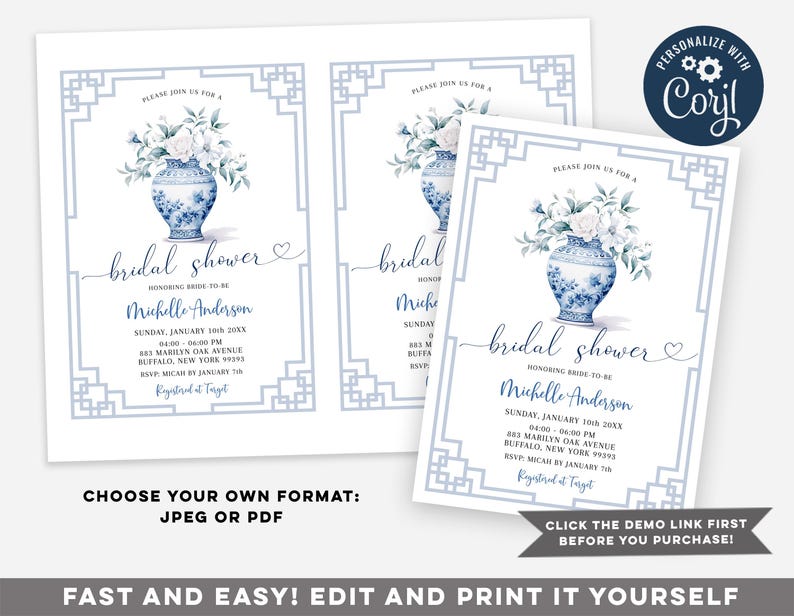 Puede incluir: Una invitaci&oacute;n de ducha nupcial azul y blanca con un borde decorativo. La invitaci&oacute;n presenta una ilustraci&oacute;n de acuarela de un jarr&oacute;n de porcelana azul y blanco con flores blancas. El texto de la invitaci&oacute;n dice "bridal shower" e incluye el nombre de la novia, la fecha, la hora y la ubicaci&oacute;n.