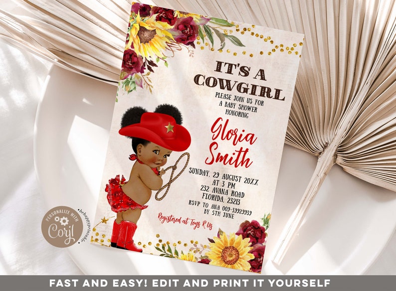 Red African Cowgirl Rose and Sunflower Baby Shower Invitation Etsy
