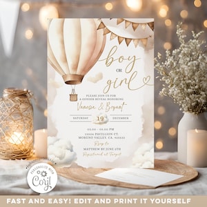 Editable Hot Air Balloon Gender Reveal Invite, Boho Beige air balloon gender neutral baby, boy girl cloud watercolor new baby reveal RV032