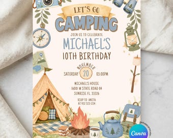 Editable Cute Boho Blue Let's Go Camping Birthday Invitation, Blue Adventure Awaits Boy Birthday Outdoor, Glamping Woodland Floral, ZLC08