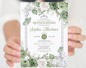 Editable Quinceañera Silver & Sage Green Mexican Princess Invitation, Girl 15 Anos Mis Quince butterfly 16th birthday Silver Glitter, S385