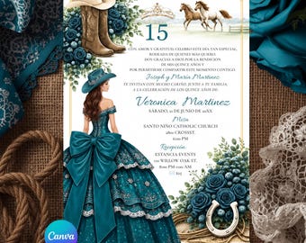 Spanish Dark Teal Floral Charro Princess Sweet 15 Años Invitation, Cowboy Boots Horses Mis Quince Dark Teal Girl Western Quinceañera, S255