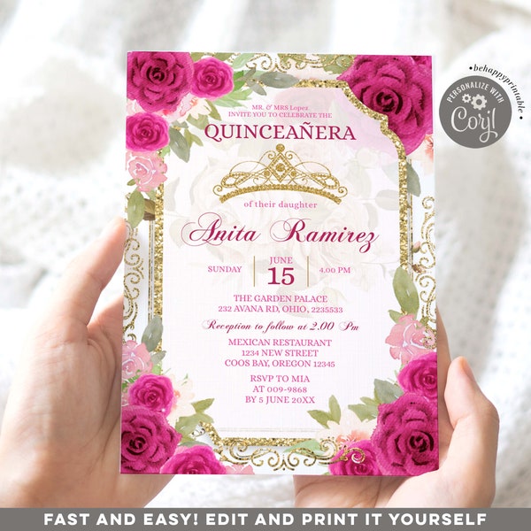 Editable Fuchsia Pink Mis Quince Invite, Floral pink roses mexican charra Quiñceanera invitation, crown gold spanish girl sweet 16th S369