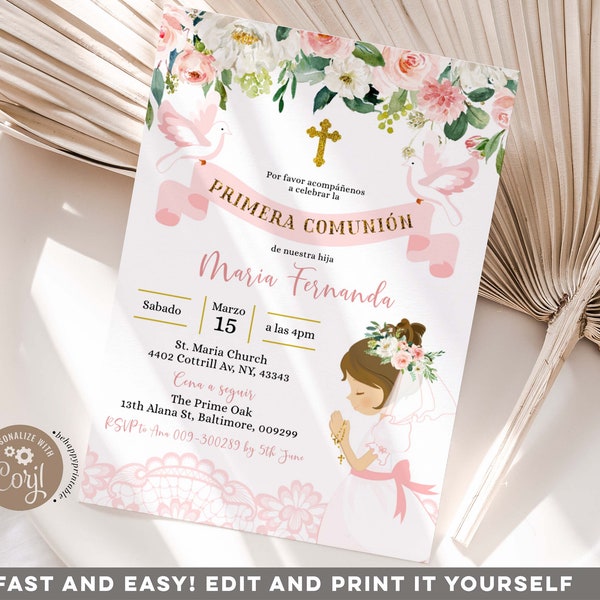 EDITABLE Primera Comunion Invitation, Floral Peach First Holy Communion Invite, Spanish Christening Little Girl Praying 1st Communion, Z90