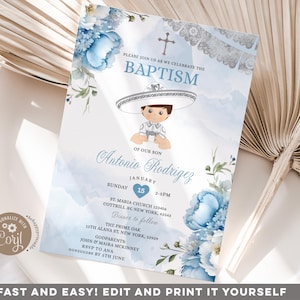 Convite de batismo para menino mexicano azul pastel prata editável, batismo espanhol charro azul, flores azuis empoeiradas minimalistas BATIZADO menino S243