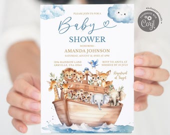 Bewerkbare aquarel Noah's Ark babyshower uitnodiging, schattige Noah's Ark baby strooi uitnodiging, Noah Adventure babyboy genderneutraal, BR6