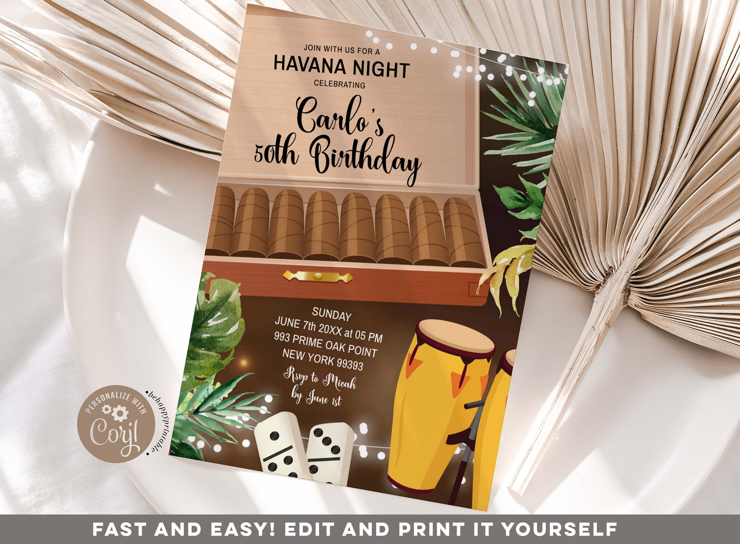 Editable havana adult birthday invitation, beach night birthday party invitation, summer tropical birthday party, string light invite Z158
