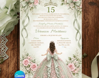Spanish Quinceañera Sage Green & Pink Floral Princess 15 Años Birthday Invitation, Mexican Mis Quince Bow Coquette Sweet 16th Party, ZB12