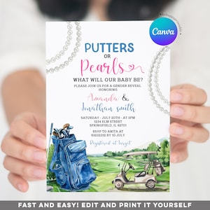 May include: A gender reveal invitation with the text "Putters or Pearls?" and "What will our baby be?" The invitation features a golf course illustration, a golf bag, and a golf cart. The names Amanda & Jonathan Smith are also included.