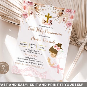 EDITABLE Girl Boho Pampas Floral first communion Invitation, Elegant Chistening Pink Flowers Invite, 1st Girl Communion invitation, Z90