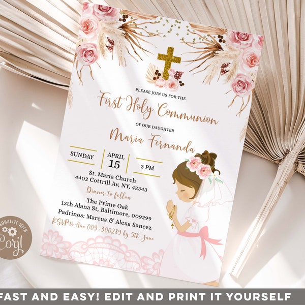 EDITABLE Girl Boho Pampas Floral first communion Invitation, Elegant Chistening Pink Flowers Invite, 1st Girl Communion invitation, Z90