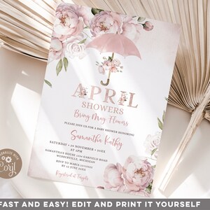 Editable Pink Umbrella April Showers Bring May Flowers Baby Shower invitation, Elegant Greenery Floral Spring Party Baby Shower invite, S476