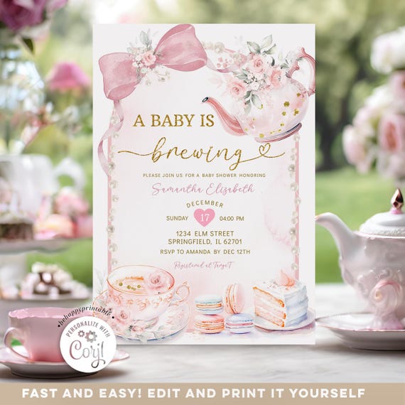Editable Pink Bow Coquette Pearl Baby is brewing invitation, Tea Party baby shower invite, Boho Blush Pink floral brewing tea party, B6