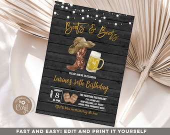 Editable boots and beers adult birthday invitation, Black woods birthday party, vintage and rustic adult birthday,  string light invite Z116