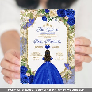 Editable Royal Blue Mis Quince invitations, Elegant Mexican Blue Gold Floral 16th Birthday, Butterfly Sweet 15 Anos Quinceañera invite, S444