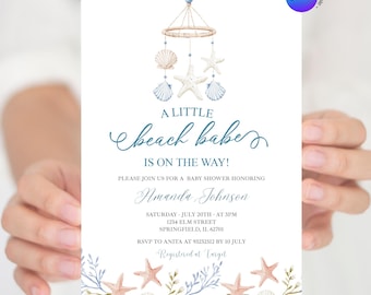 Editable Blue Coastal Little Beach Babe Baby Shower Invitation, Nautical Baby Is On The Way Baby Shower Invite, Under de Sea Animals Z100