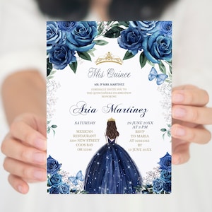 Editable Gold & Navy Mexican Girl Princess Quinceanera Invitation, Elegant blue spanish girl sweet 15th, floral mis XV anos invitation S398
