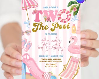 Editable Pink Stripe TWO THE Pool Party girl Birthday Invitation, Fun Summer Swim Party Neutral Invite, Any Age Birthday Pool Party, Z101