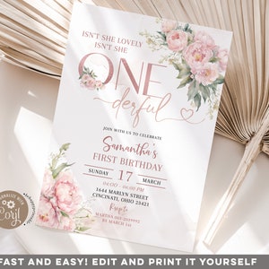 Editable white and pink onederful birthday invitation, blush pink flowers 1st birthday, modern pink garden floral first birthday invite S488