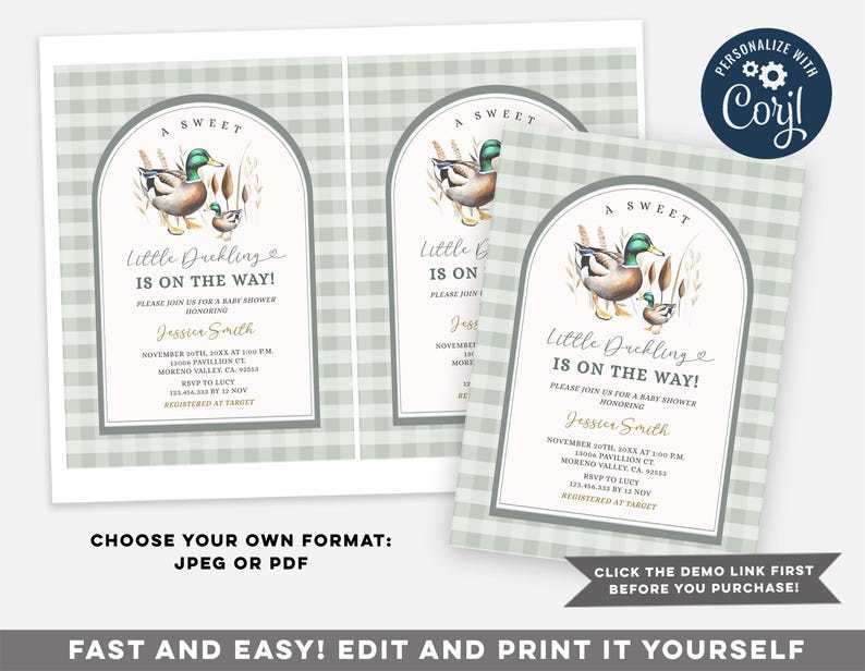 Op de afbeelding: Een baby shower uitnodiging met een groene en witte ruitjesachtergrond. De uitnodiging bevat een aquarel illustratie van een eend en eendje met de tekst "A Sweet Little Duckling is on the Way!" en de naam "Jessie Smith".