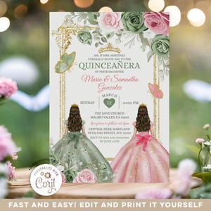 Editable Twin Pink & Sage Green Dress Princess Quinceañera Butterfly Floral 15 Años Invitation, Twin Girl Sweet 16th Crown Mis quince, S466